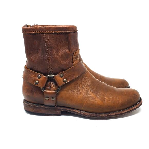FRYE Phillip Harness Leather Ankle Boots Brown Moto Biker 76870 Size 7.5 - Picture 3 of 10